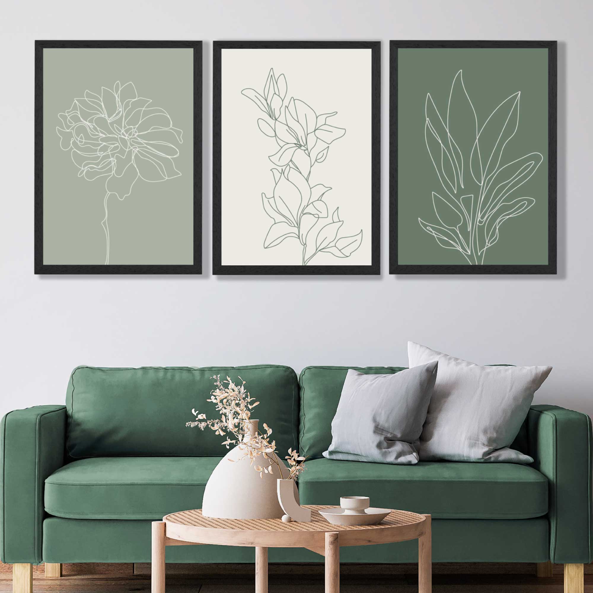 Set of 3 Sketch Flowers in Green Tones Art Prints in Black Frames | Artze UK