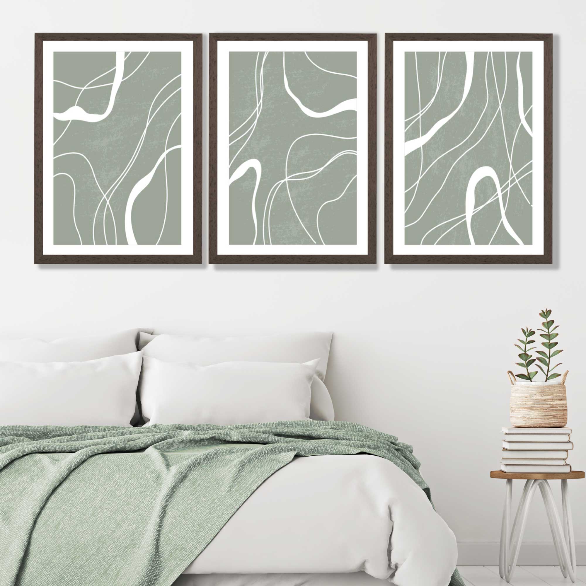 Set of 3 Abstract Green and White Strokes Art Prints in Luxury Frames | Artze UK