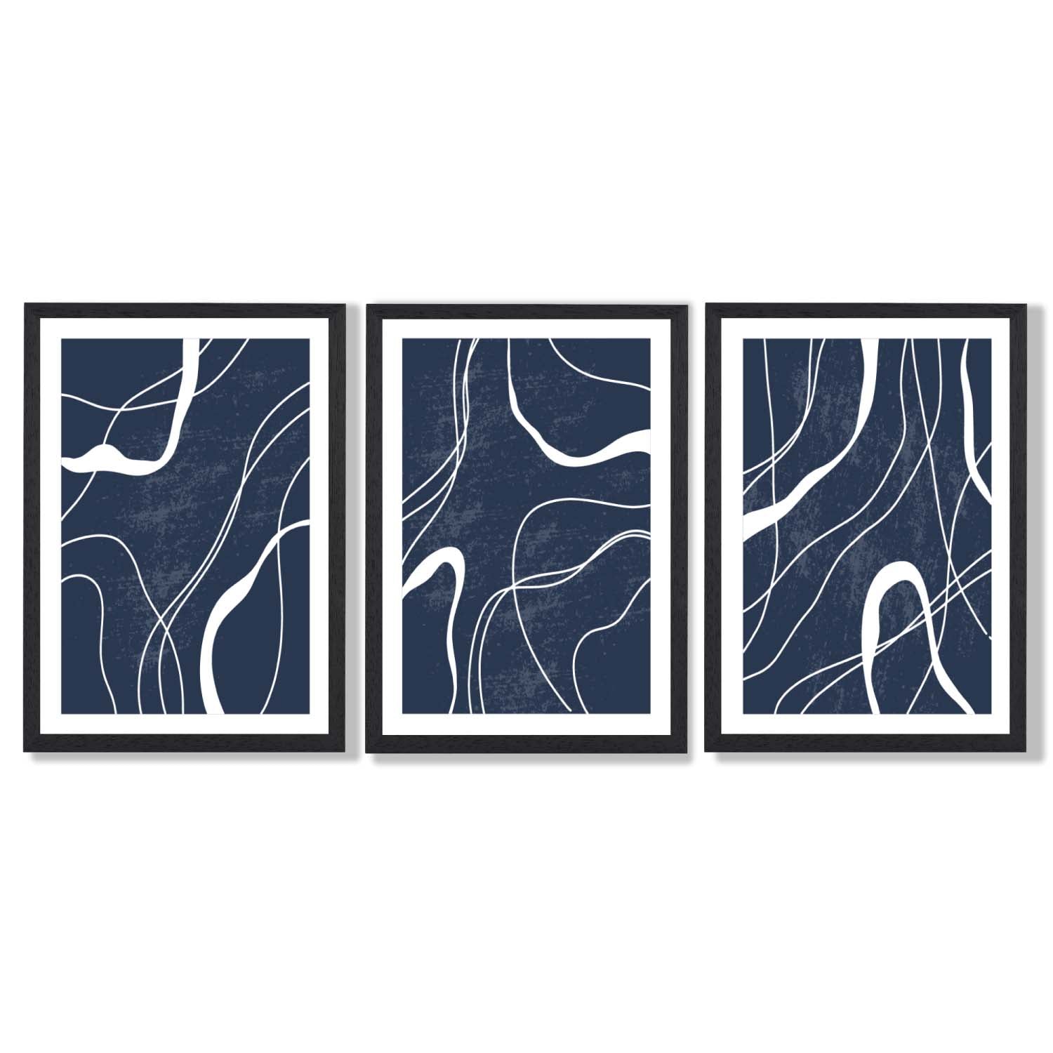 Set of 3 Abstract Navy Blue and White Strokes Framed Art Prints with Black Wooden Frames