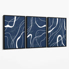 Set of 3 Abstract Navy Blue and White Strokes Canvas Art Prints with Black Float Frame