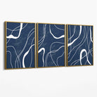 Set of 3 Abstract Navy Blue and White Strokes Canvas Art Prints with Gold Float Frame