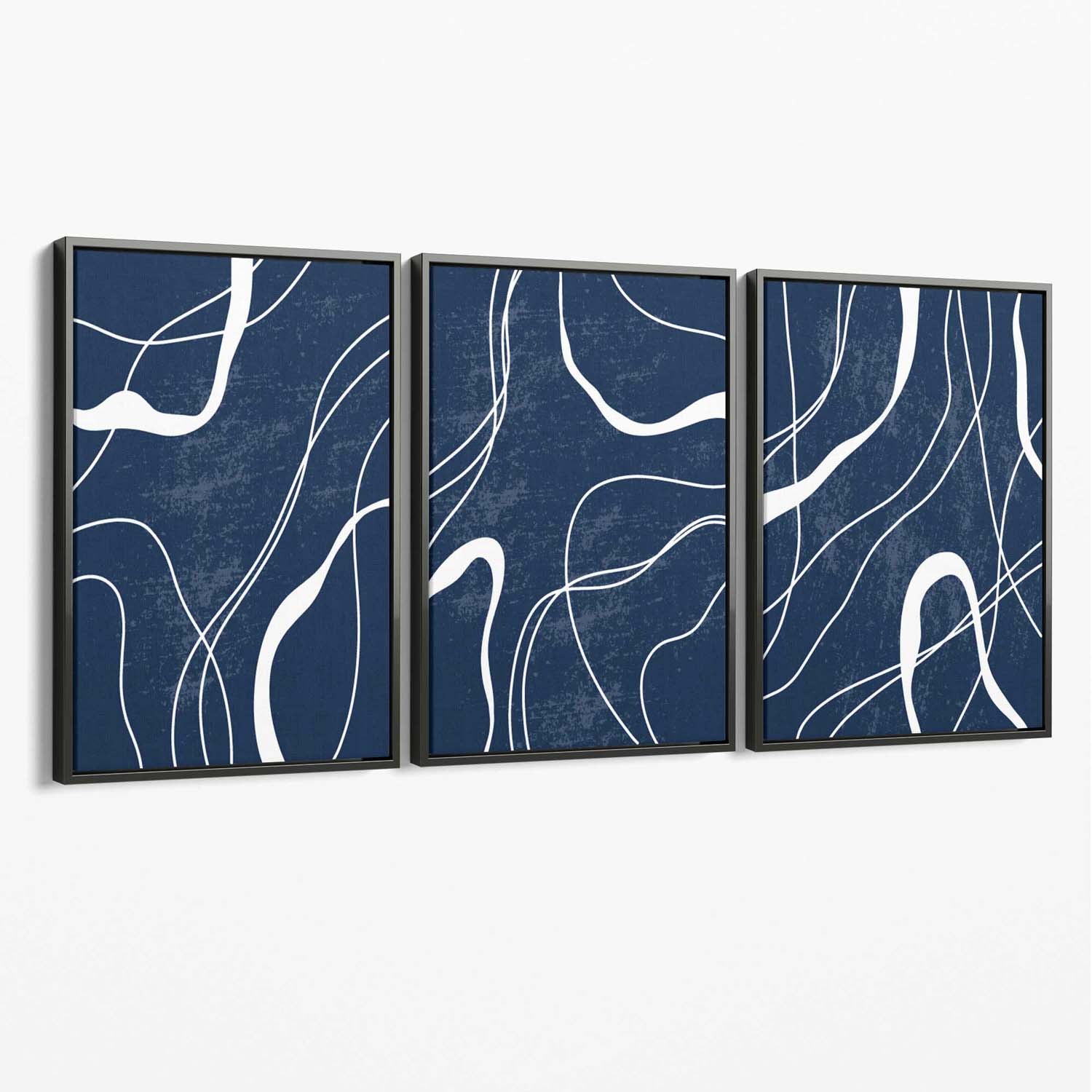 Set of 3 Abstract Navy Blue and White Strokes Canvas Art Prints with Grey Float Frame