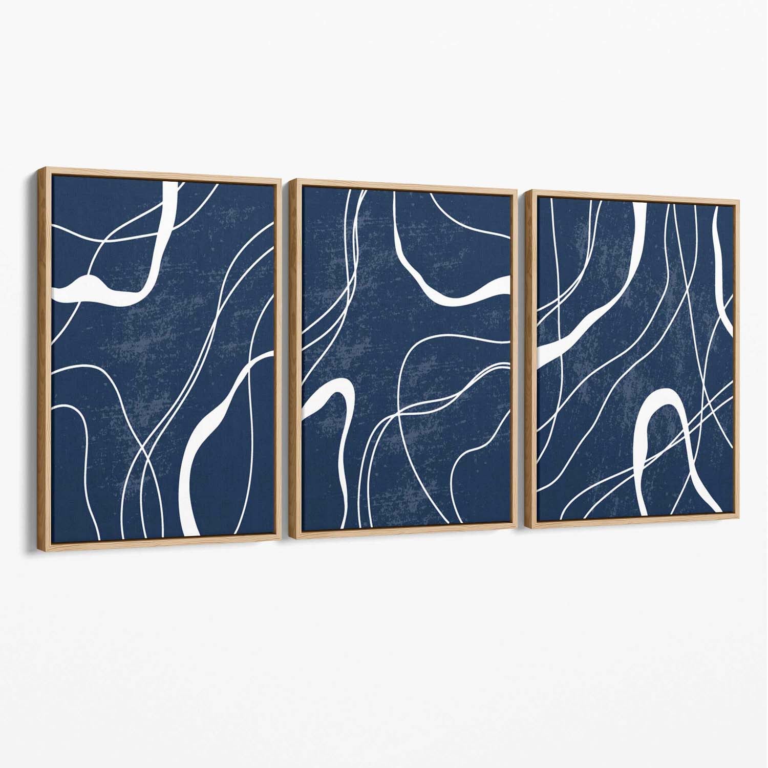 Set of 3 Abstract Navy Blue and White Strokes Canvas Art Prints with Oak Float Frame