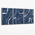 Set of 3 Abstract Navy Blue and White Strokes Canvas Art Prints with Silver Float Frame