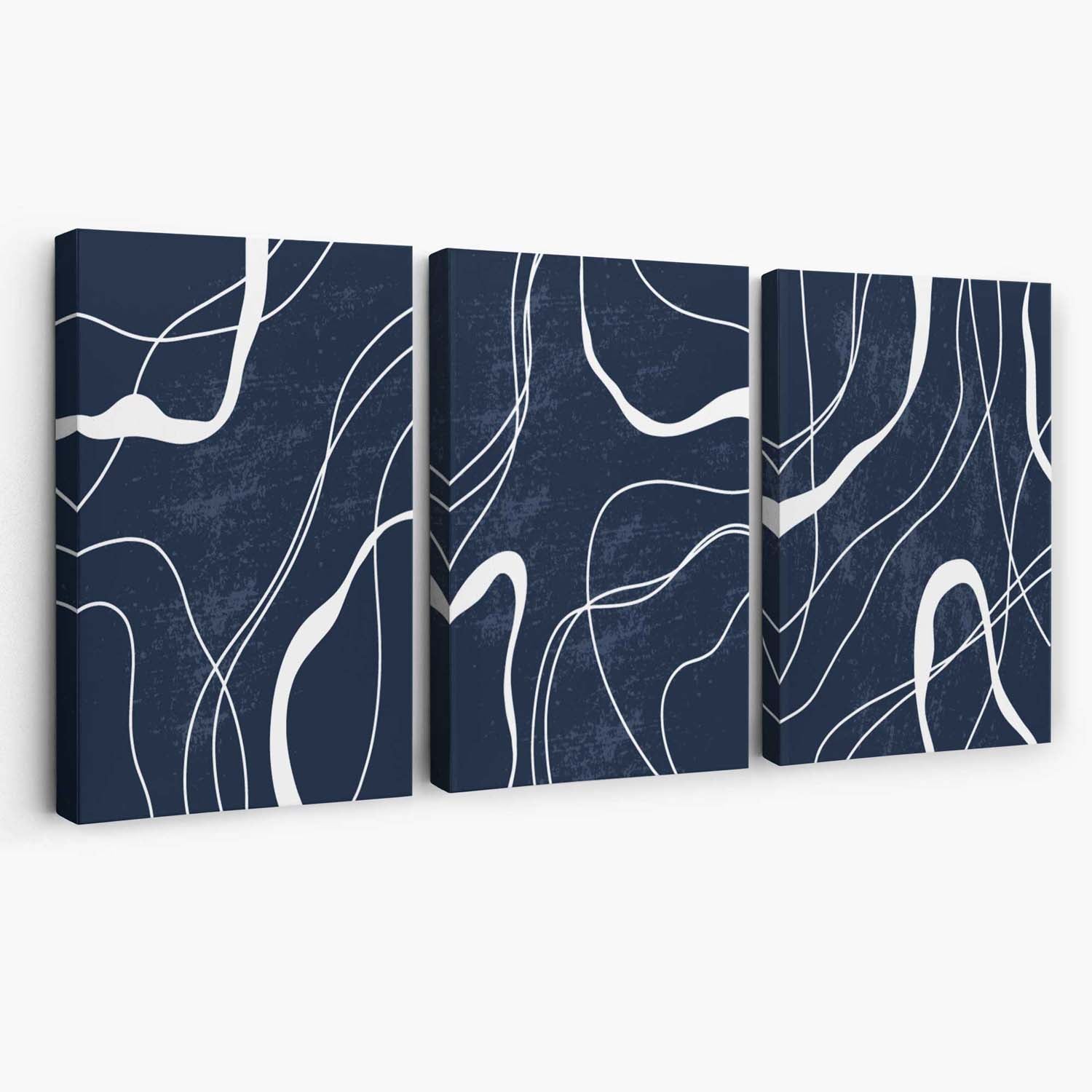 Set of 3 Abstract Navy Blue and White Strokes Canvas Art Prints | Artze Wall Art