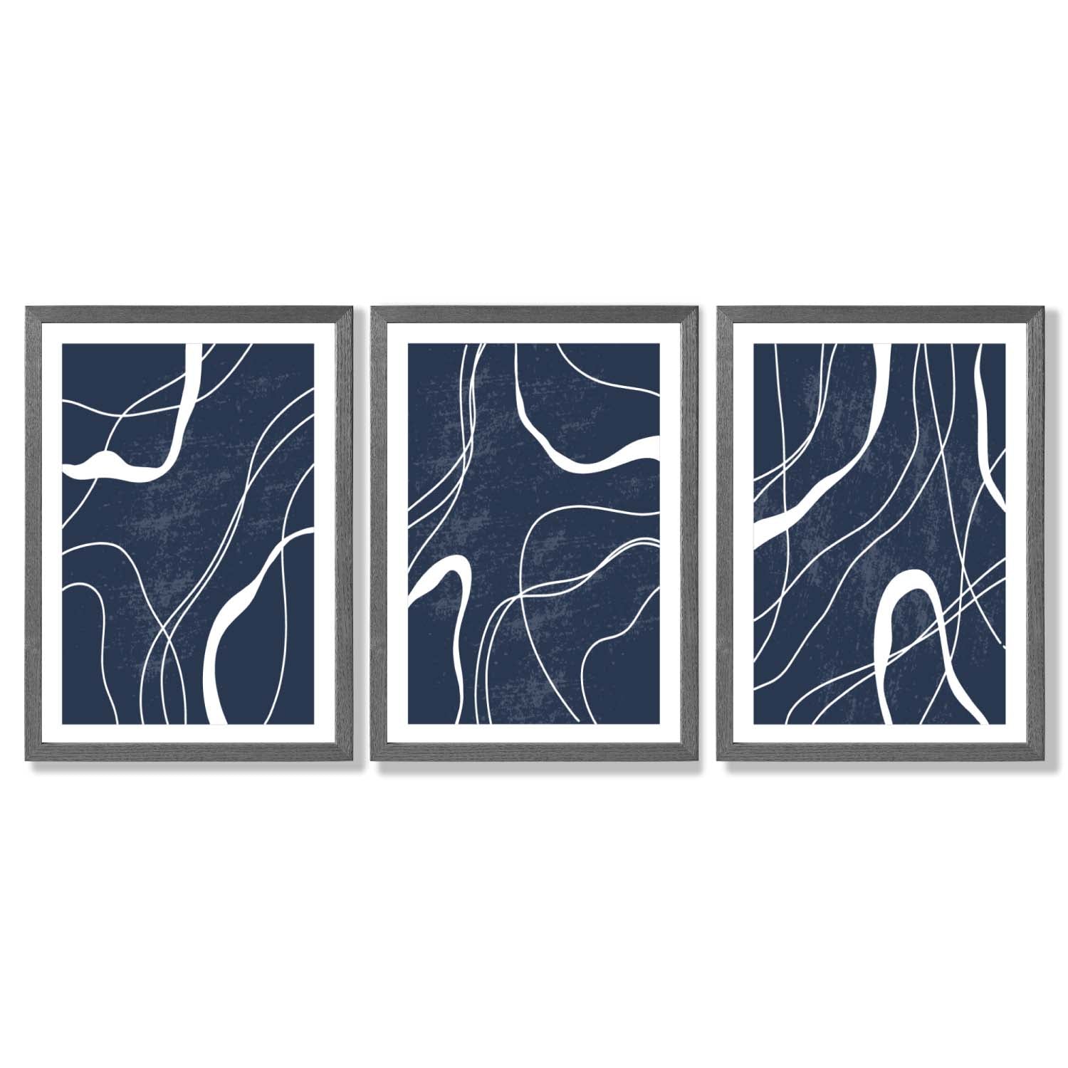 Set of 3 Abstract Navy Blue and White Strokes Framed Art Prints with Dark Grey Wooden Frames