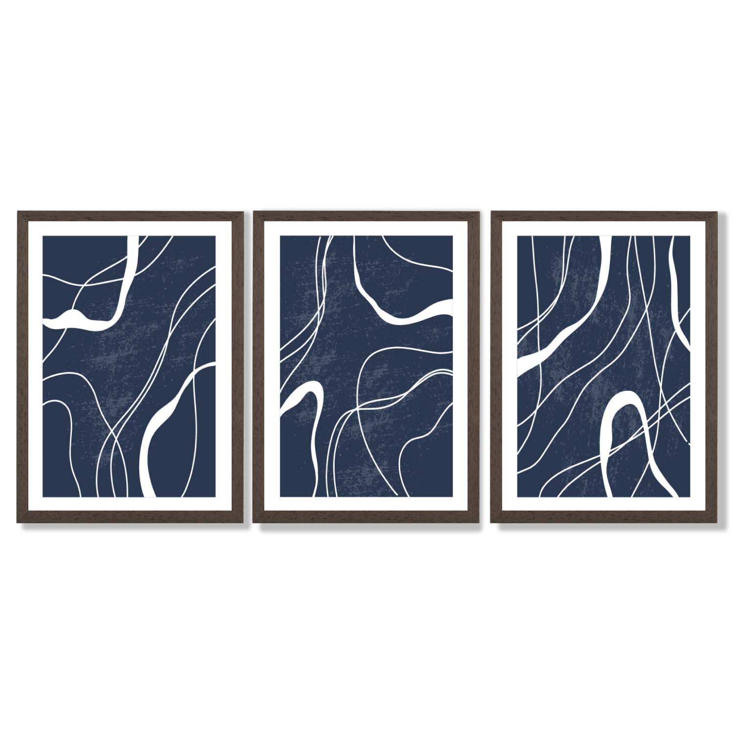 Set of 3 Abstract Navy Blue and White Strokes Framed Art Prints with Dark Wood Frames