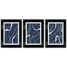 Set of 3 Abstract Navy Blue and White Strokes Framed Art Prints with Glossy Black Frames