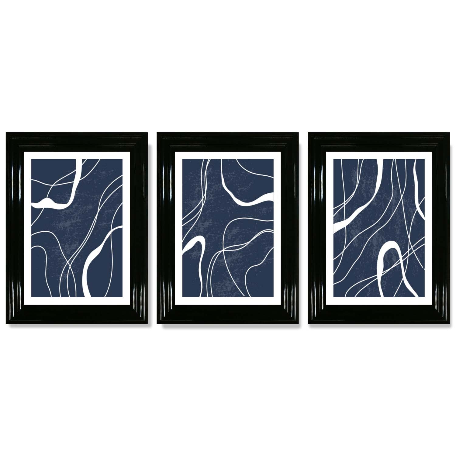 Set of 3 Abstract Navy Blue and White Strokes Framed Art Prints with Glossy Black Frames