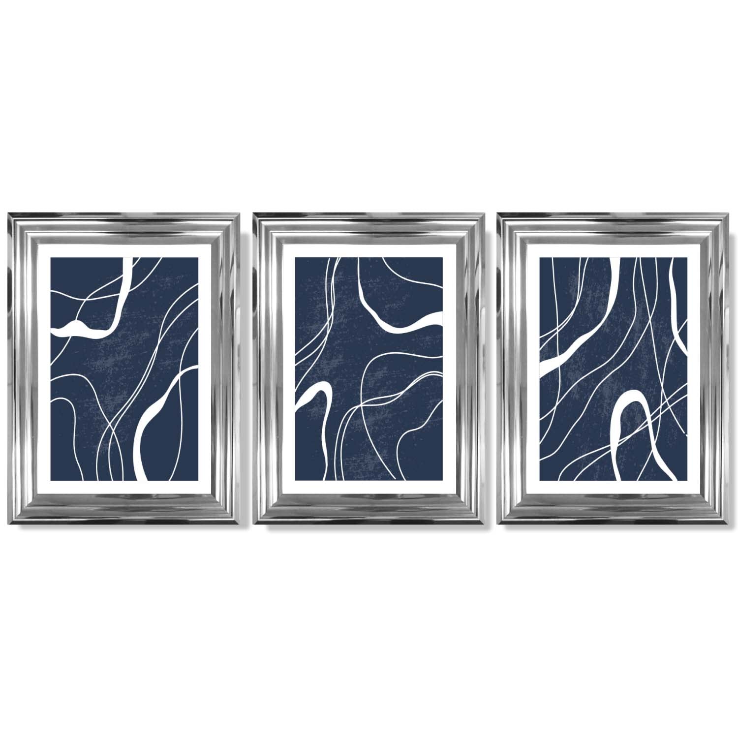 Set of 3 Abstract Navy Blue and White Strokes Framed Art Prints with Glossy Chrome Frames