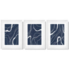 Set of 3 Abstract Navy Blue and White Strokes Framed Art Prints with Glossy White Frames