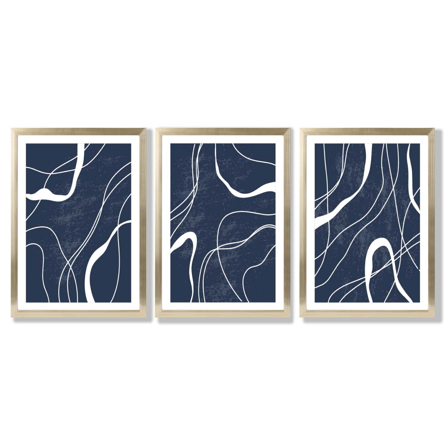 Set of 3 Abstract Navy Blue and White Strokes Framed Art Prints with Gold Wood Frames