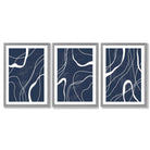 Set of 3 Abstract Navy Blue and White Strokes Framed Art Prints with Light Grey Wooden Frames