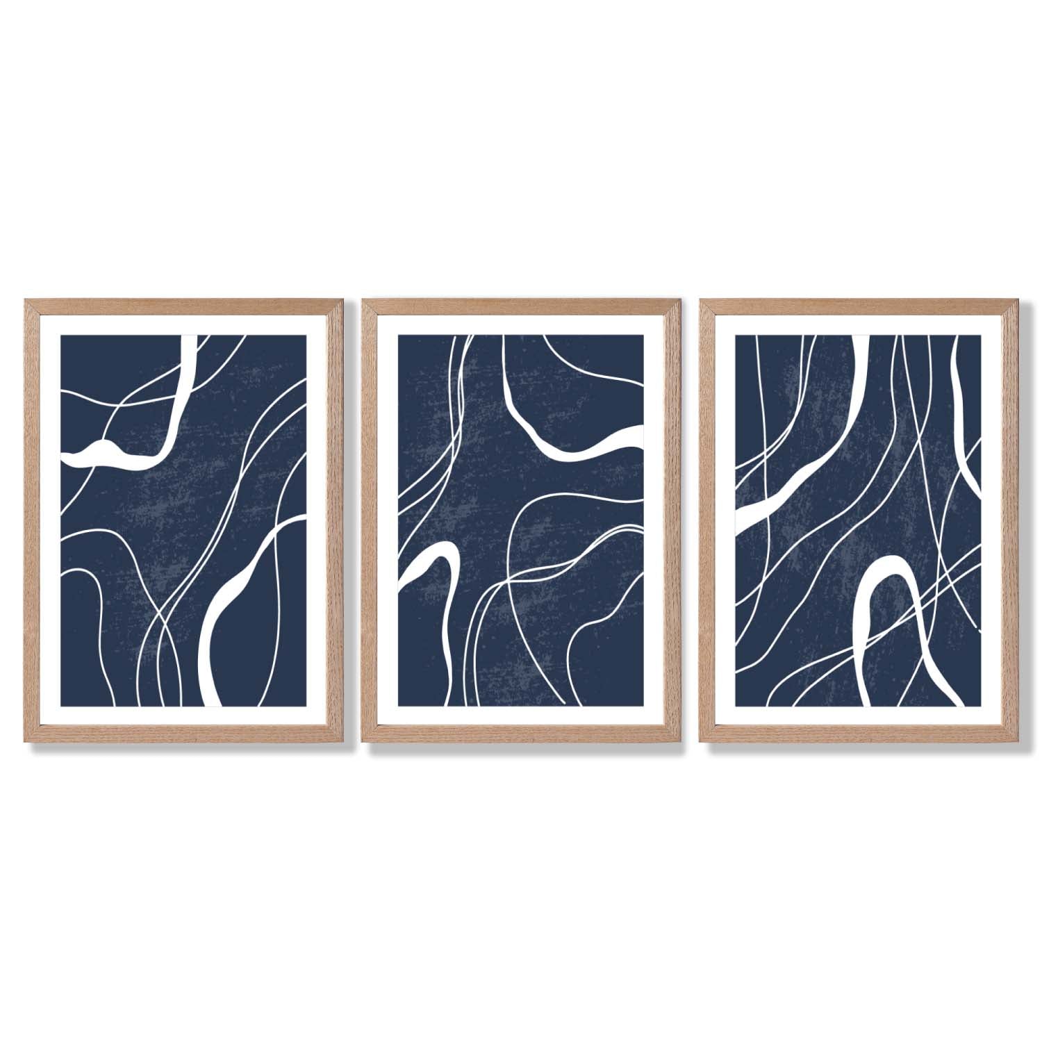 Set of 3 Abstract Navy Blue and White Strokes Framed Art Prints with Light Oak Frames