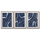 Set of 3 Abstract Navy Blue and White Strokes Framed Art Prints with Light Walnut Frames