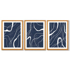 Set of 3 Abstract Navy Blue and White Strokes Framed Art Prints with Oak Wooden Frames