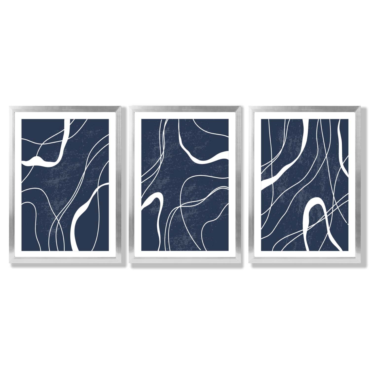 Set of 3 Abstract Navy Blue and White Strokes Framed Art Prints with Silver Wood Frames