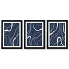 Set of 3 Abstract Navy Blue and White Strokes Framed Art Prints with Vermeer Black Frames