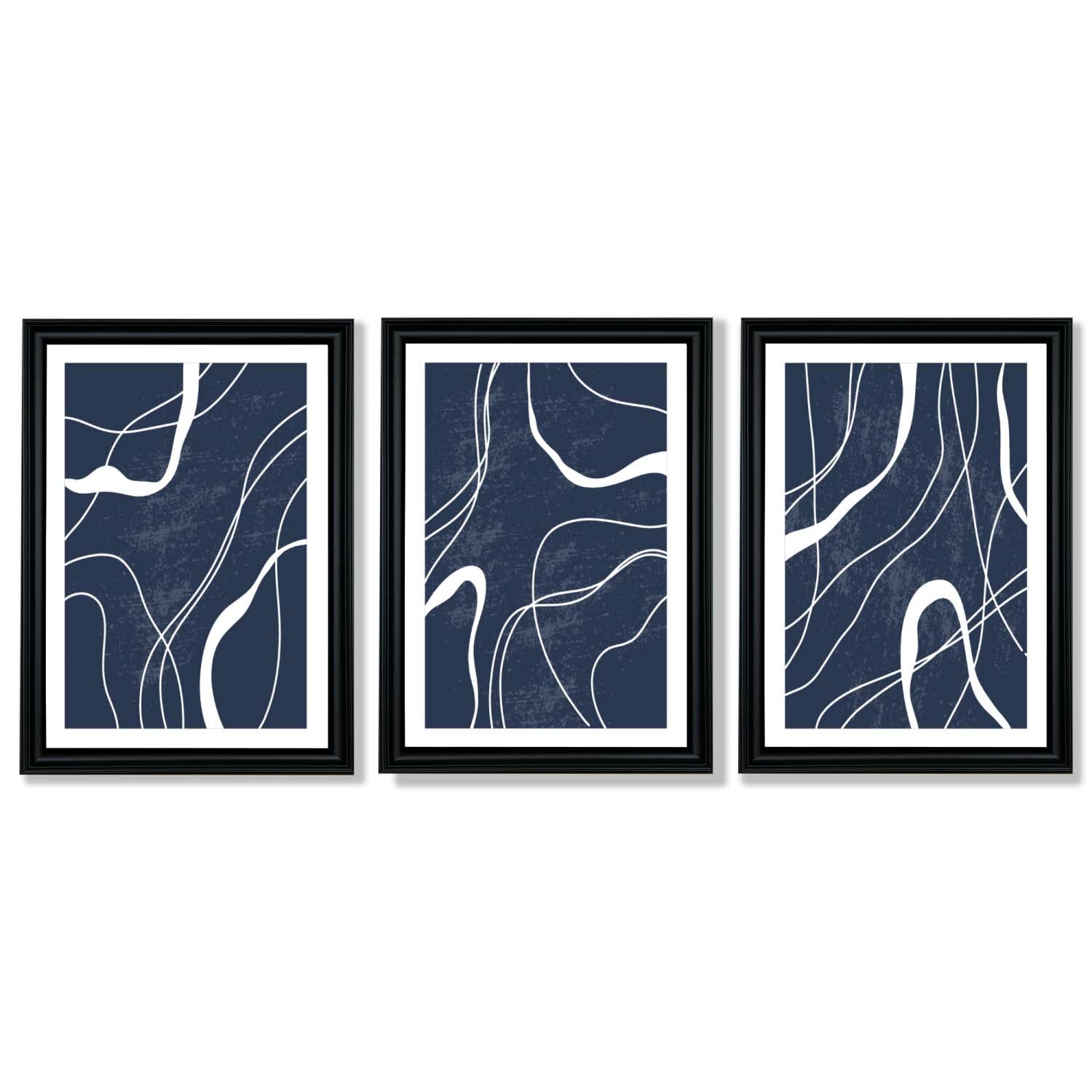 Set of 3 Abstract Navy Blue and White Strokes Framed Art Prints with Vermeer Black Frames