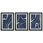 Set of 3 Abstract Navy Blue and White Strokes Framed Art Prints with Vermeer Black and Gold Frames