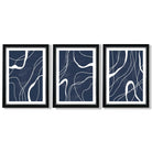 Set of 3 Abstract Navy Blue and White Strokes Framed Art Prints with Vermeer Black and Silver Frames