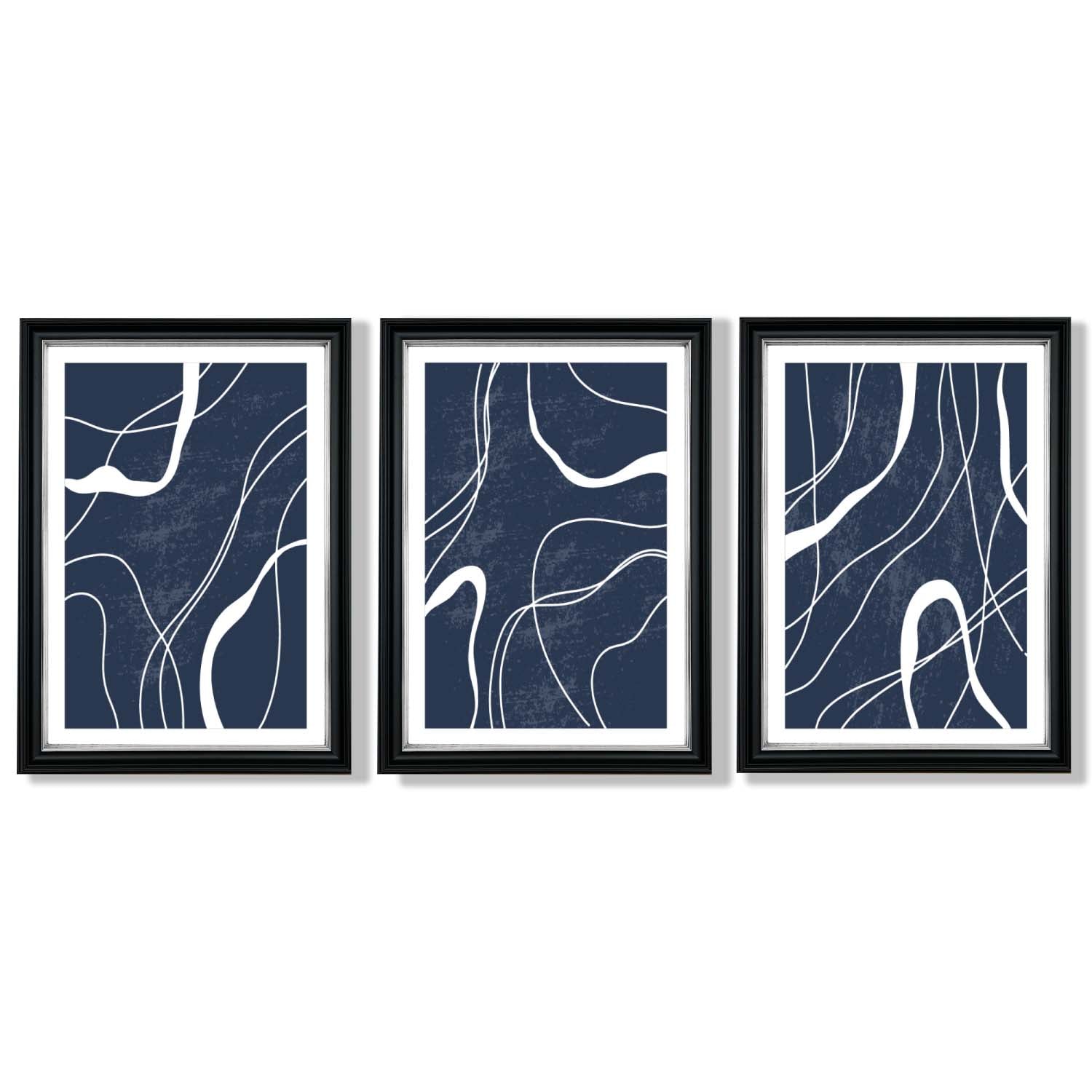 Set of 3 Abstract Navy Blue and White Strokes Framed Art Prints with Vermeer Black and Silver Frames