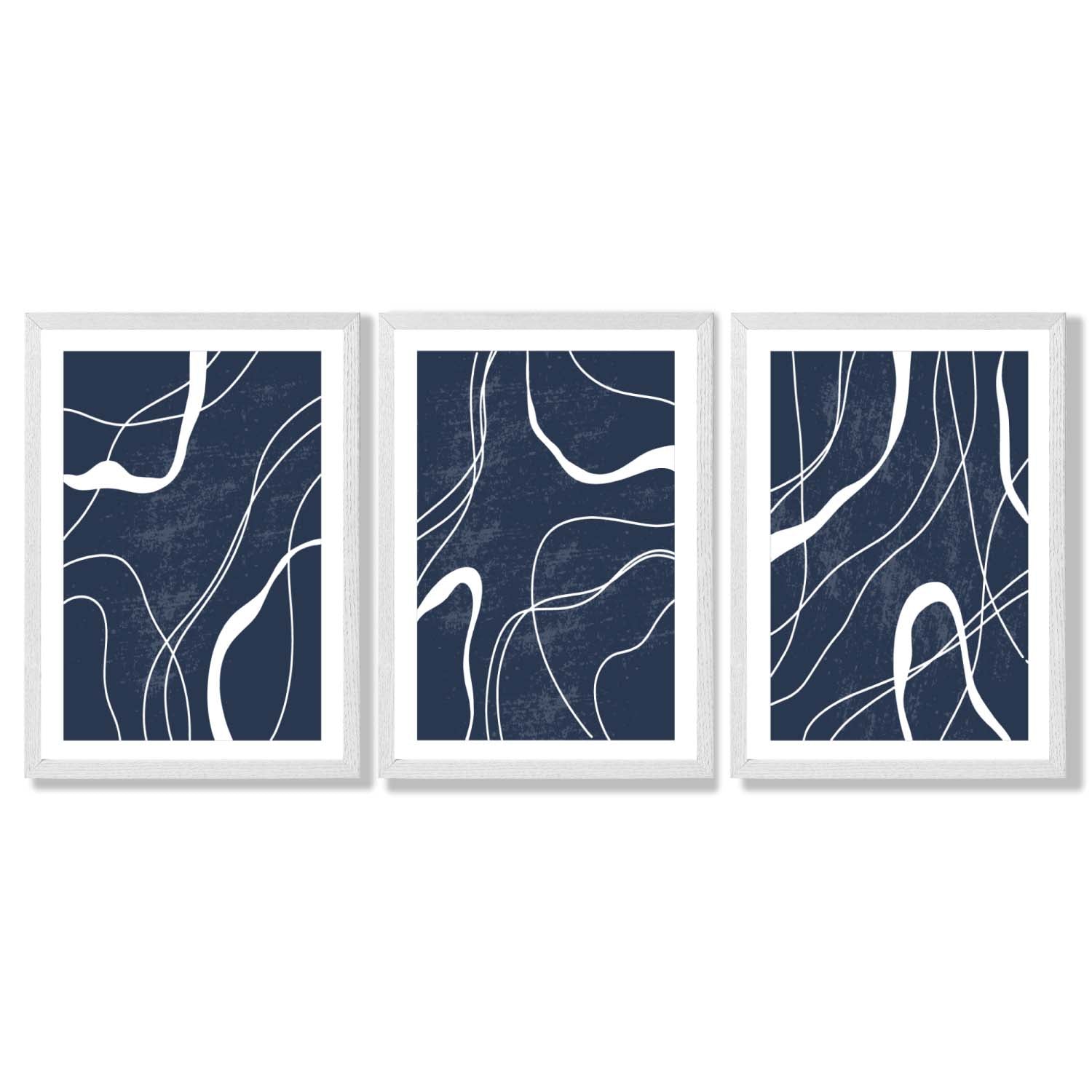 Set of 3 Abstract Navy Blue and White Strokes Framed Art Prints with White Wooden Frames