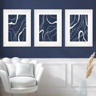 Set of 3 Abstract Navy Blue and White Strokes Art Prints in Luxury Frames | Artze UK