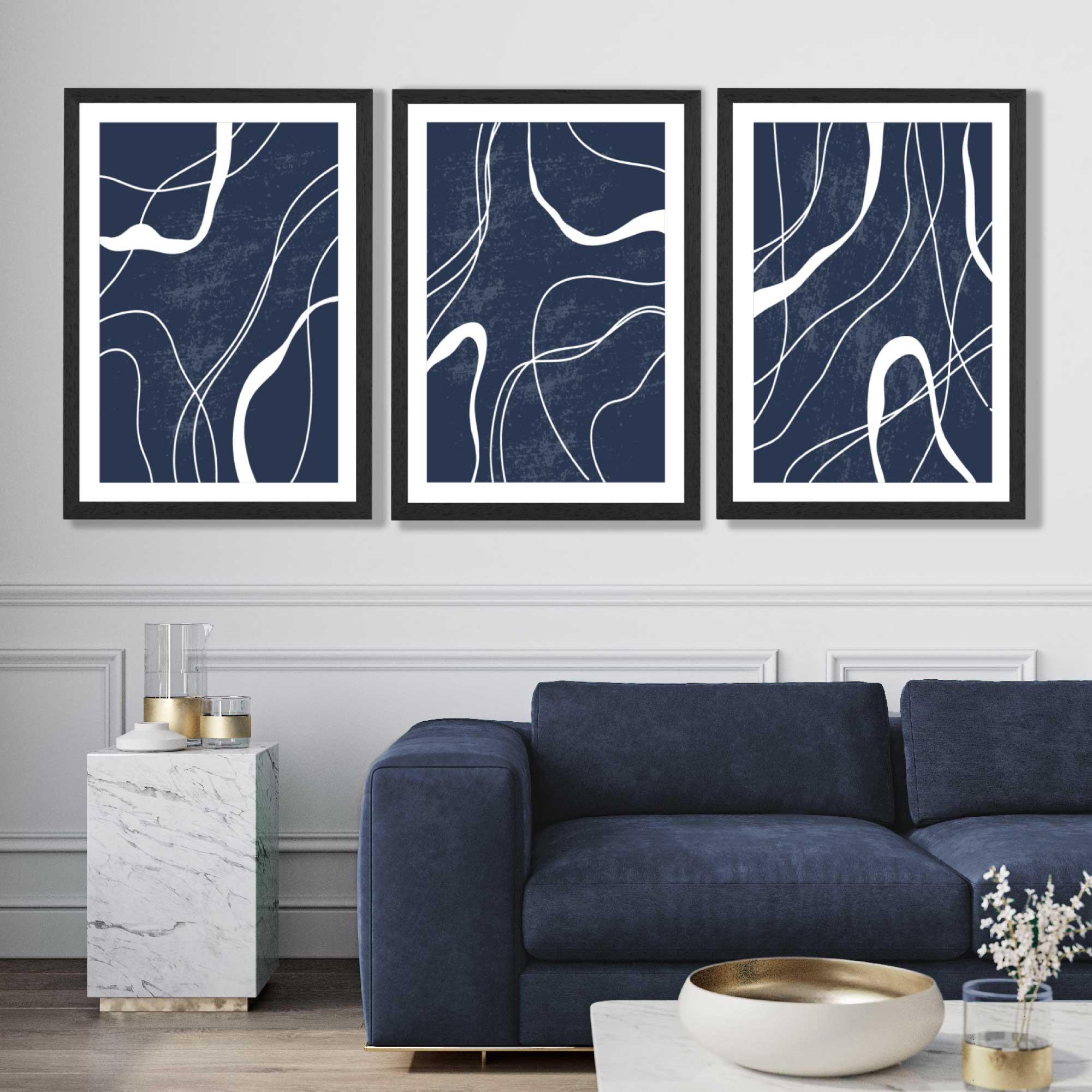 Set of 3 Abstract Navy Blue and White Strokes Art Prints in Black Frames | Artze UK