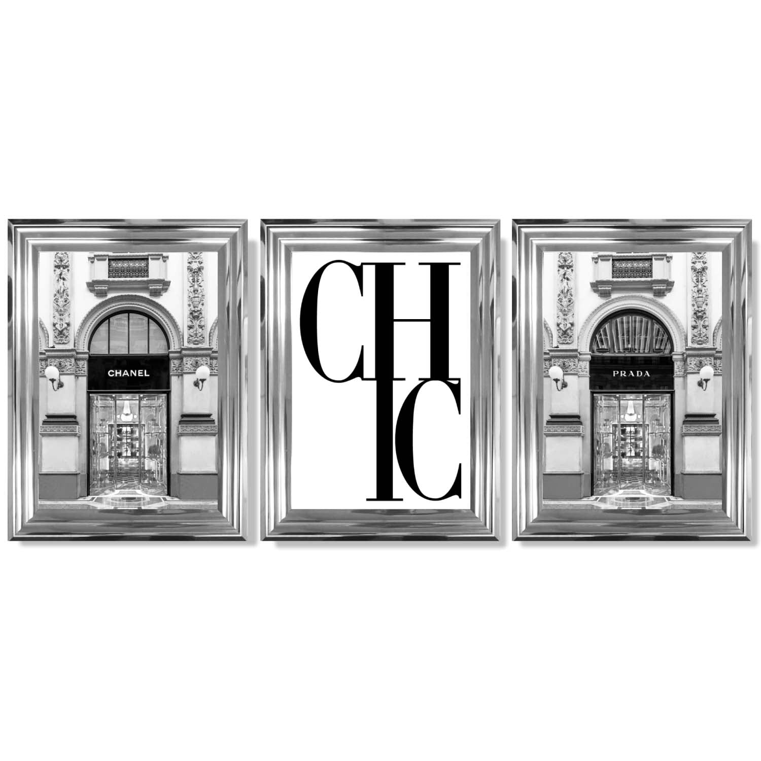 Set of 3 Chic Fashion Stores Framed Art Prints with Glossy Chrome Frames