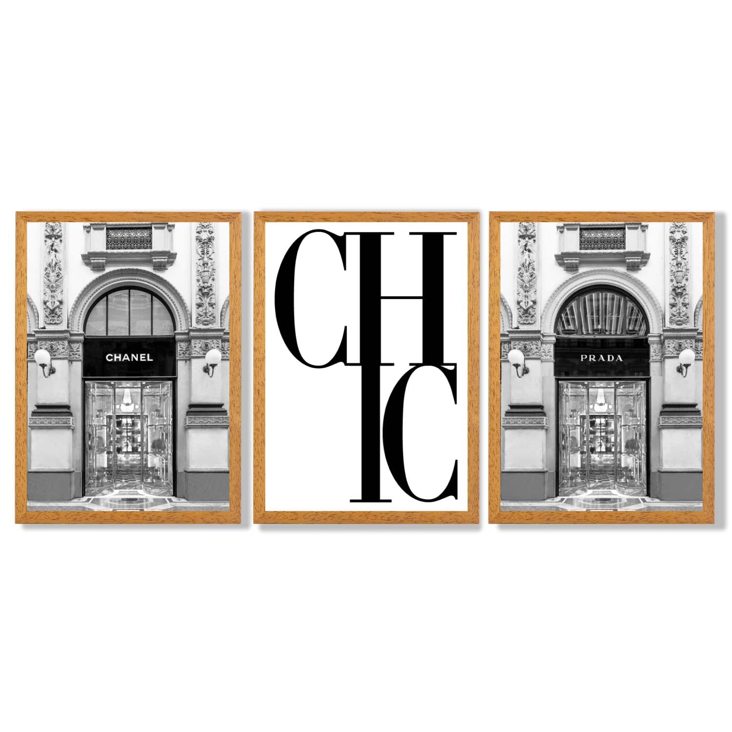 Set of 3 Chic Fashion Stores Framed Art Prints with Oak Wooden Frames