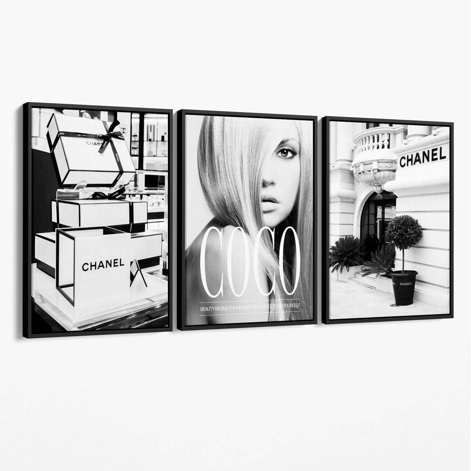 Set of 3 Chanel  Quote Fashion Canvas Art Prints with Black Float Frame