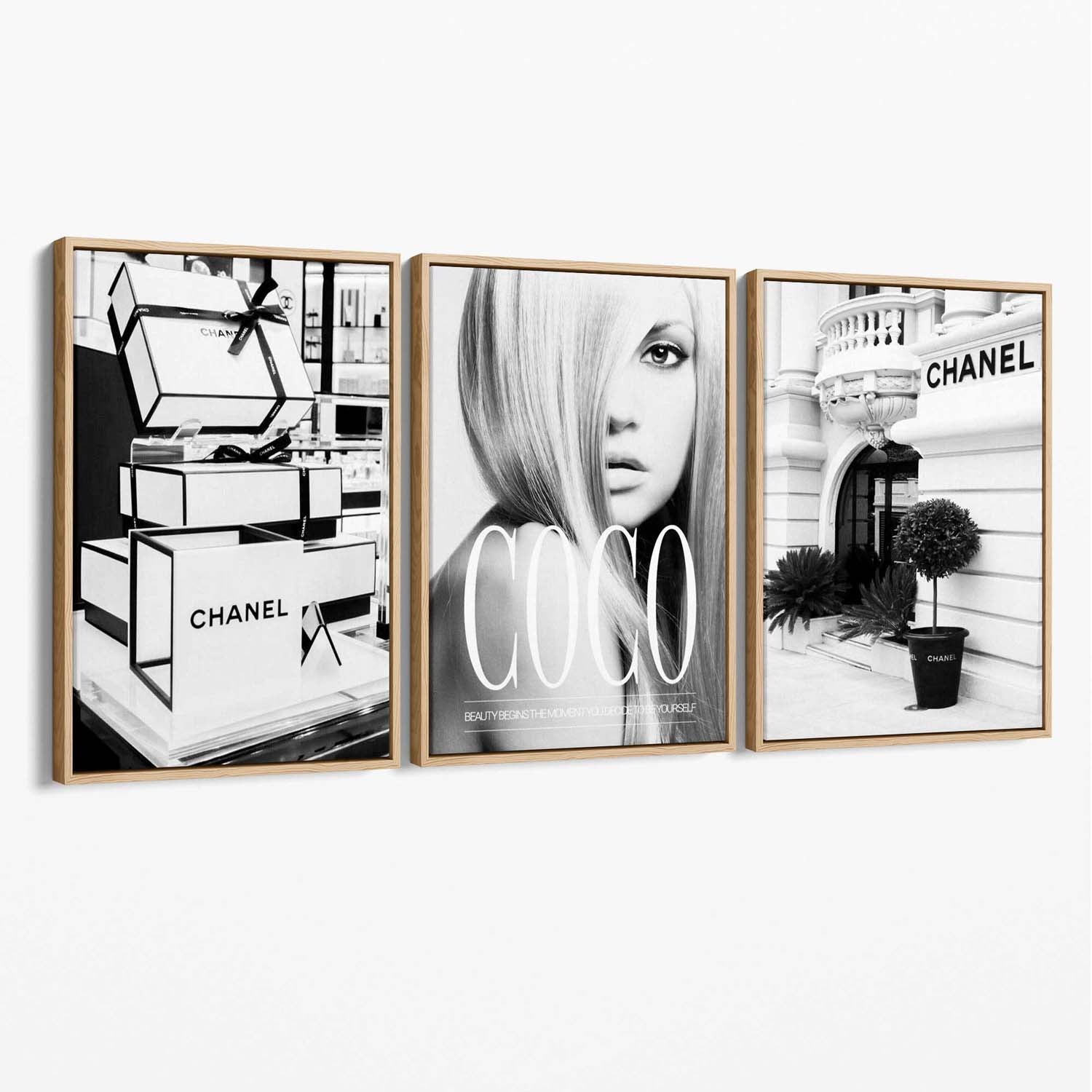 Set of 3 Chanel  Quote Fashion Canvas Art Prints with Oak Float Frame