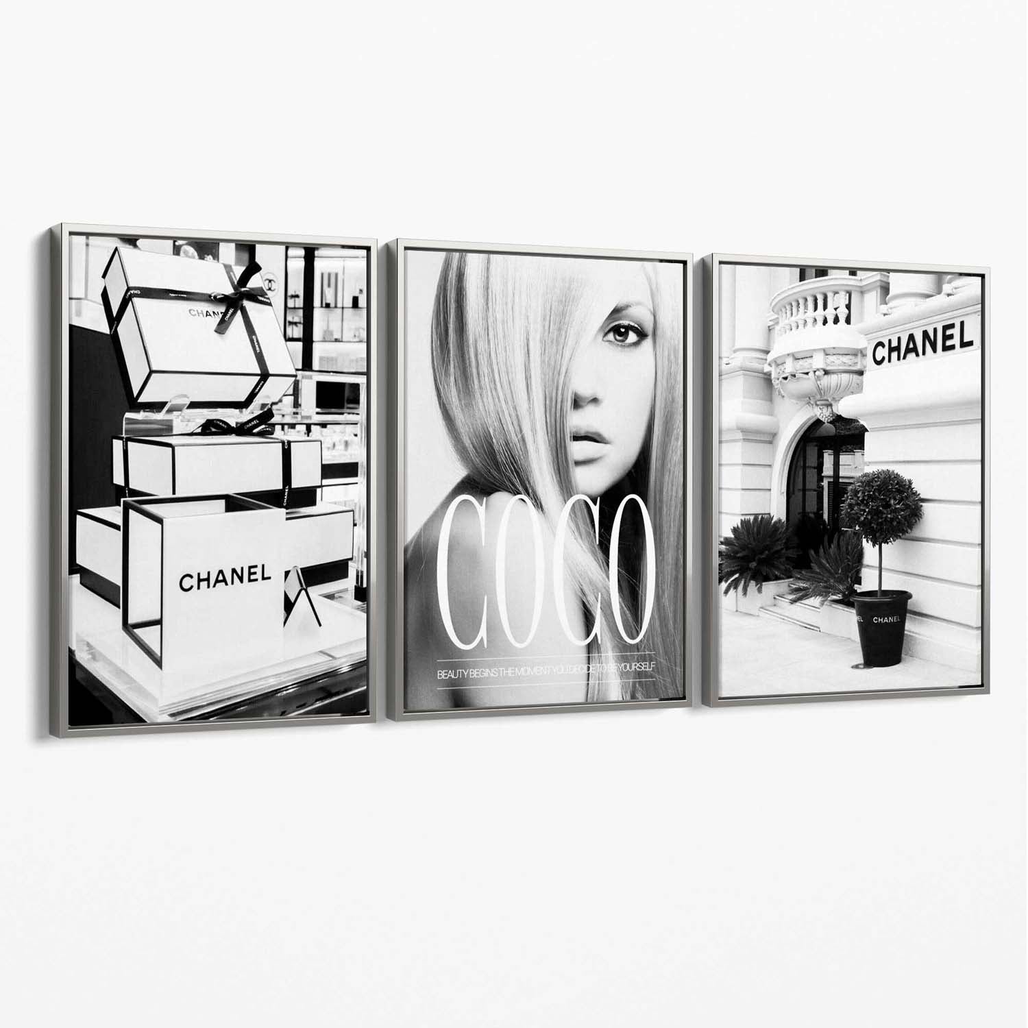 Set of 3 Chanel  Quote Fashion Canvas Art Prints with Silver Float Frame