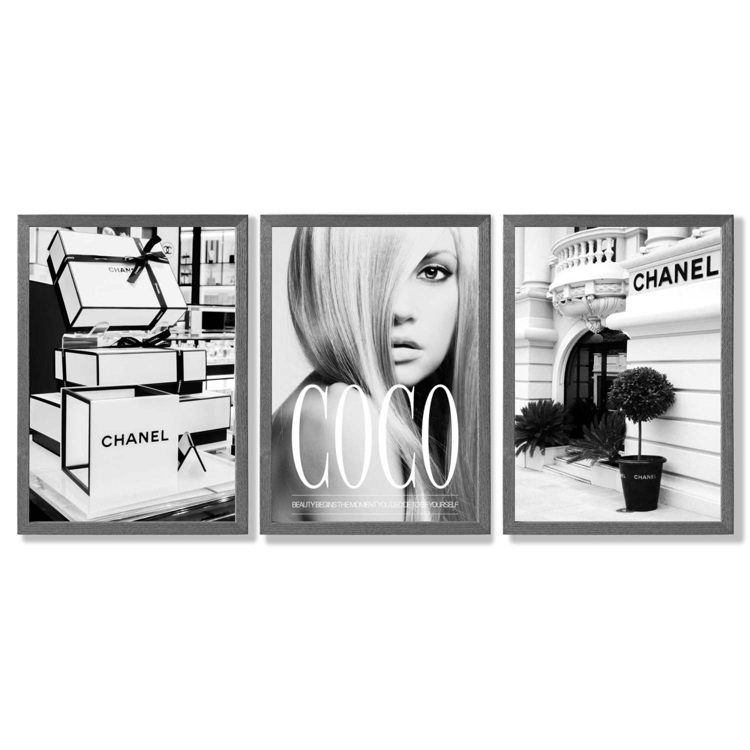 Set of 3 Chanel  Quote Fashion Framed Art Prints with Dark Grey Wooden Frames