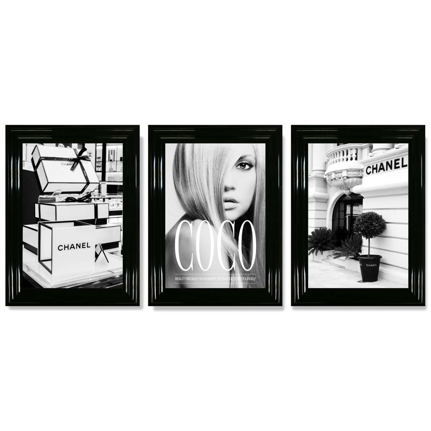 Set of 3 Chanel  Quote Fashion Framed Art Prints with Glossy Black Frames