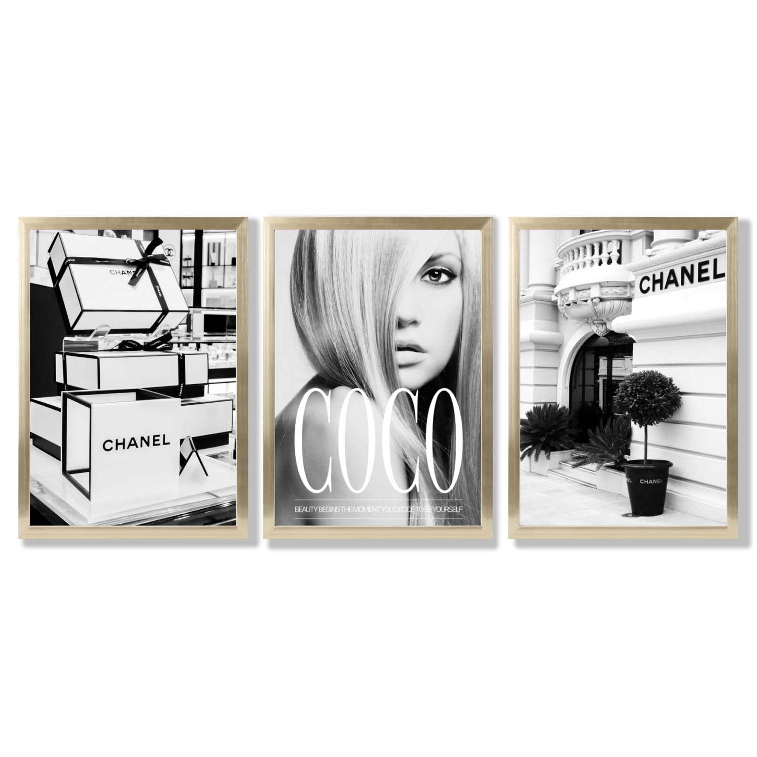 Set of 3 Chanel  Quote Fashion Framed Art Prints with Gold Wood Frames