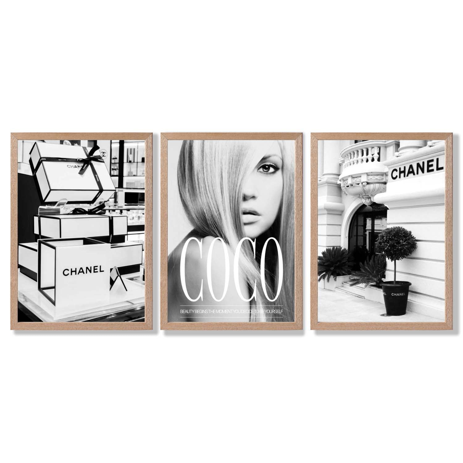 Set of 3 Chanel  Quote Fashion Framed Art Prints with Light Oak Frames