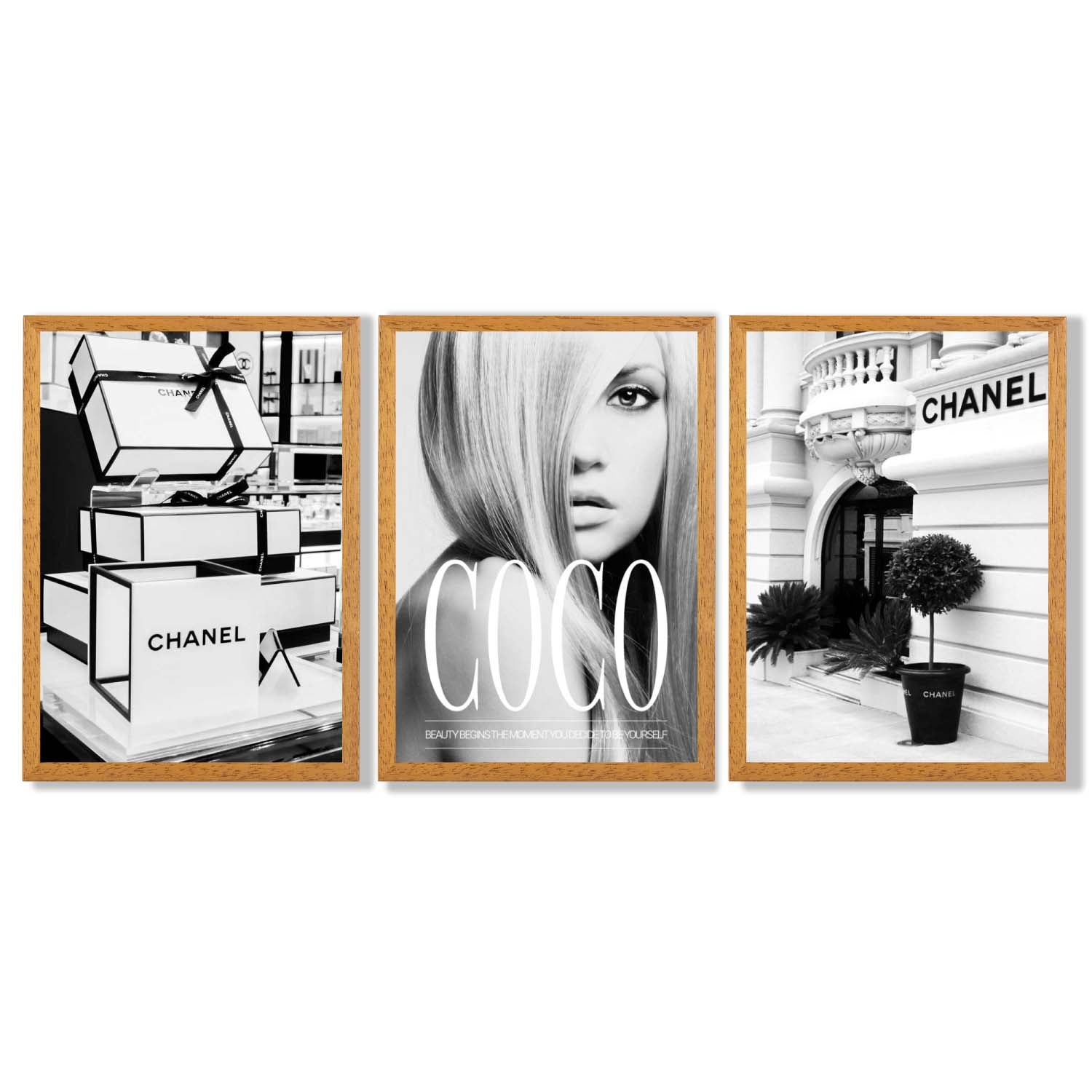 Set of 3 Chanel  Quote Fashion Framed Art Prints with Oak Wooden Frames