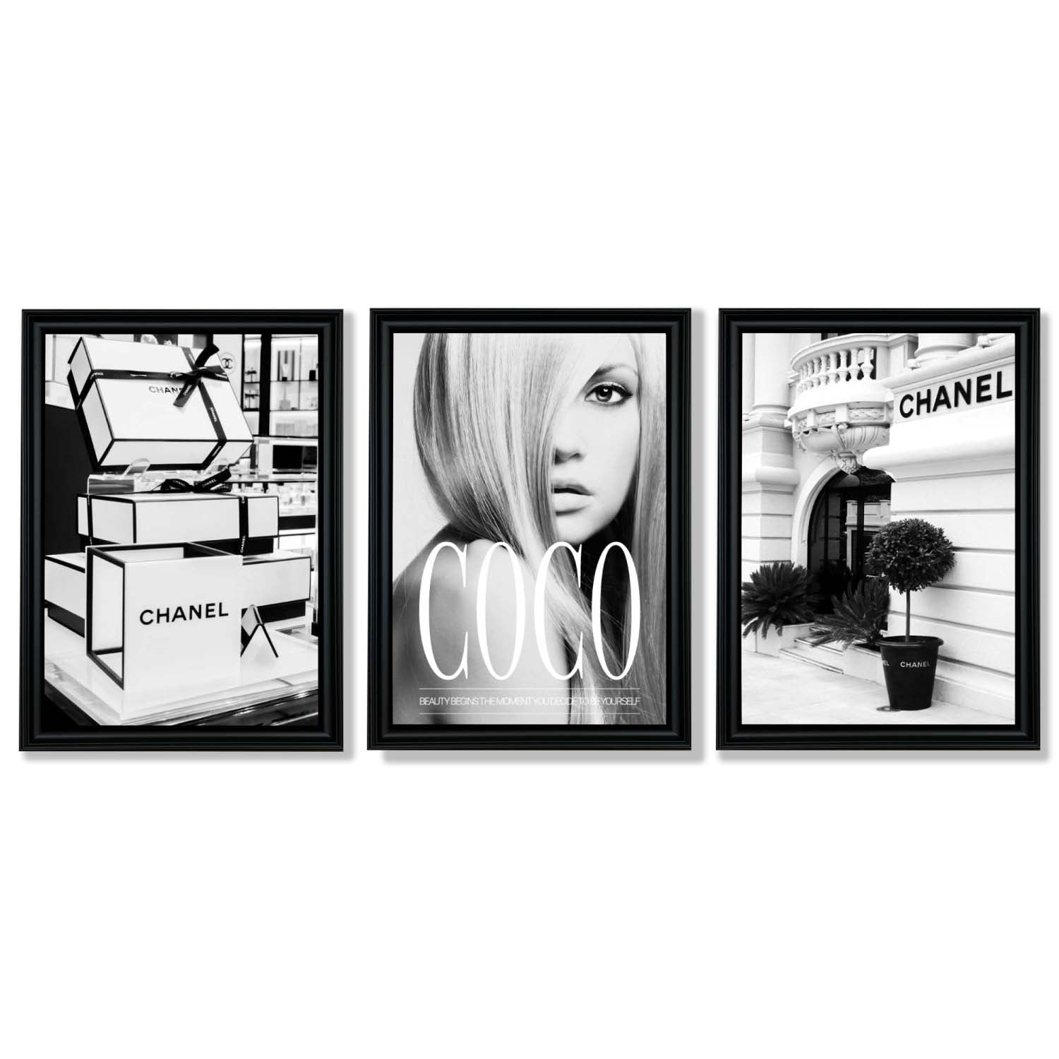 Set of 3 Chanel  Quote Fashion Framed Art Prints with Vermeer Black Frames