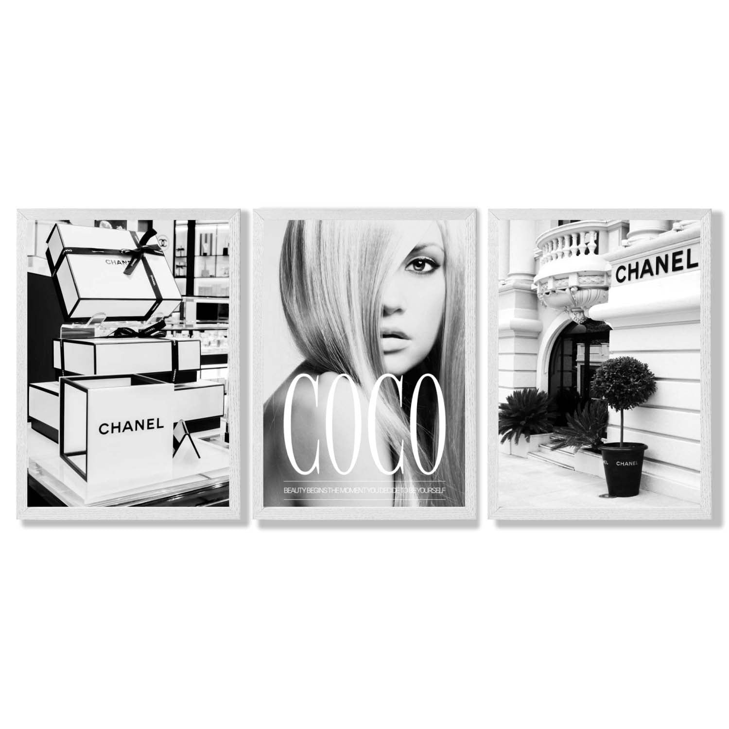 Set of 3 Chanel  Quote Fashion Framed Art Prints with White Wooden Frames