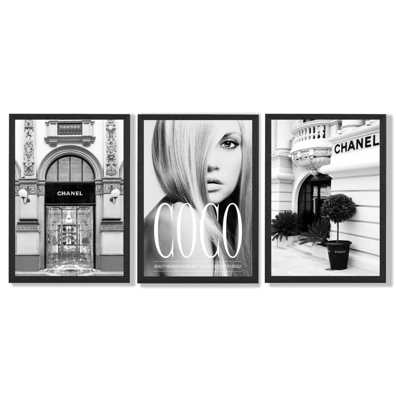 Set of 3 Fashion Iconic Framed Art Prints with Black Wooden Frames