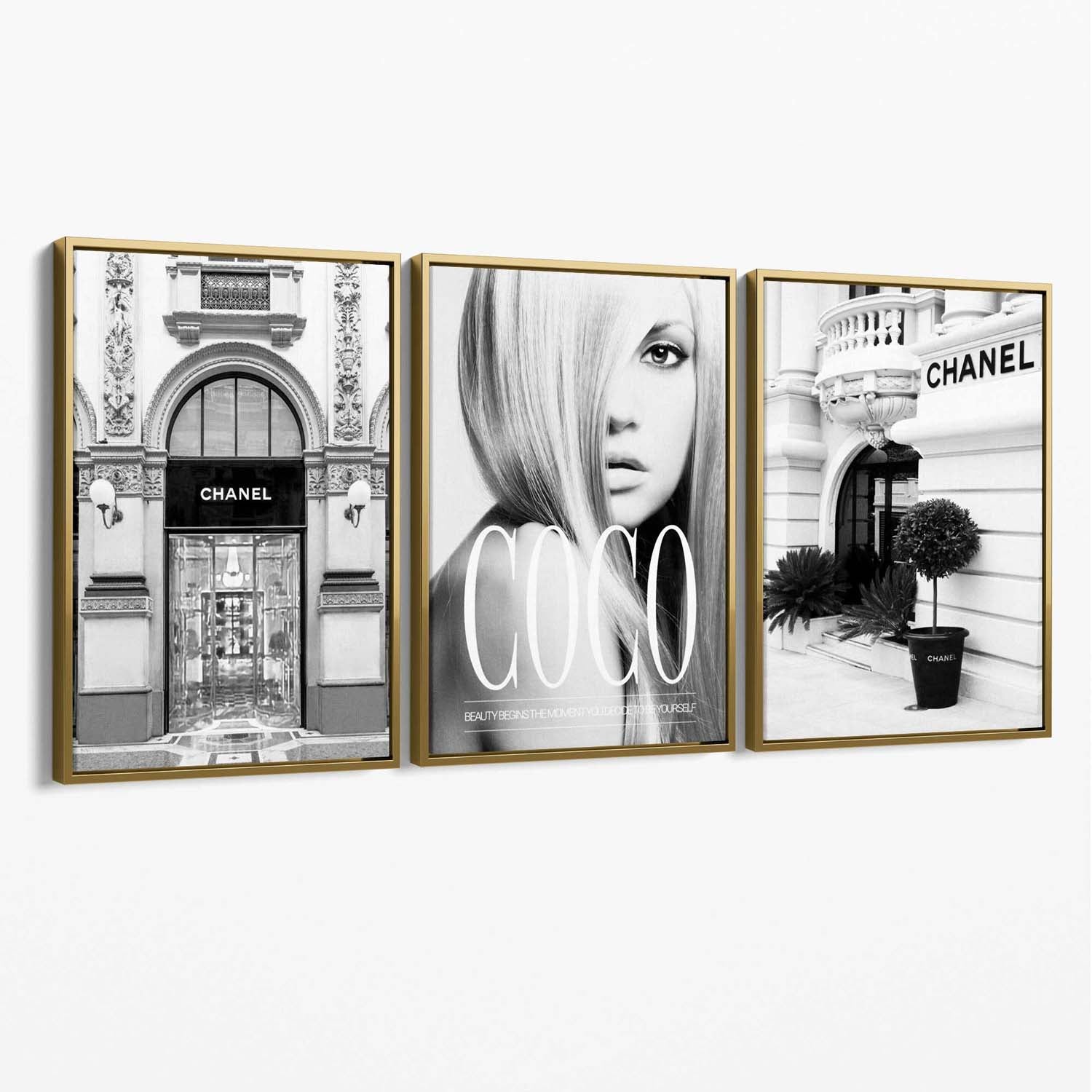 Set of 3 Fashion Iconic Canvas Art Prints with Gold Float Frame