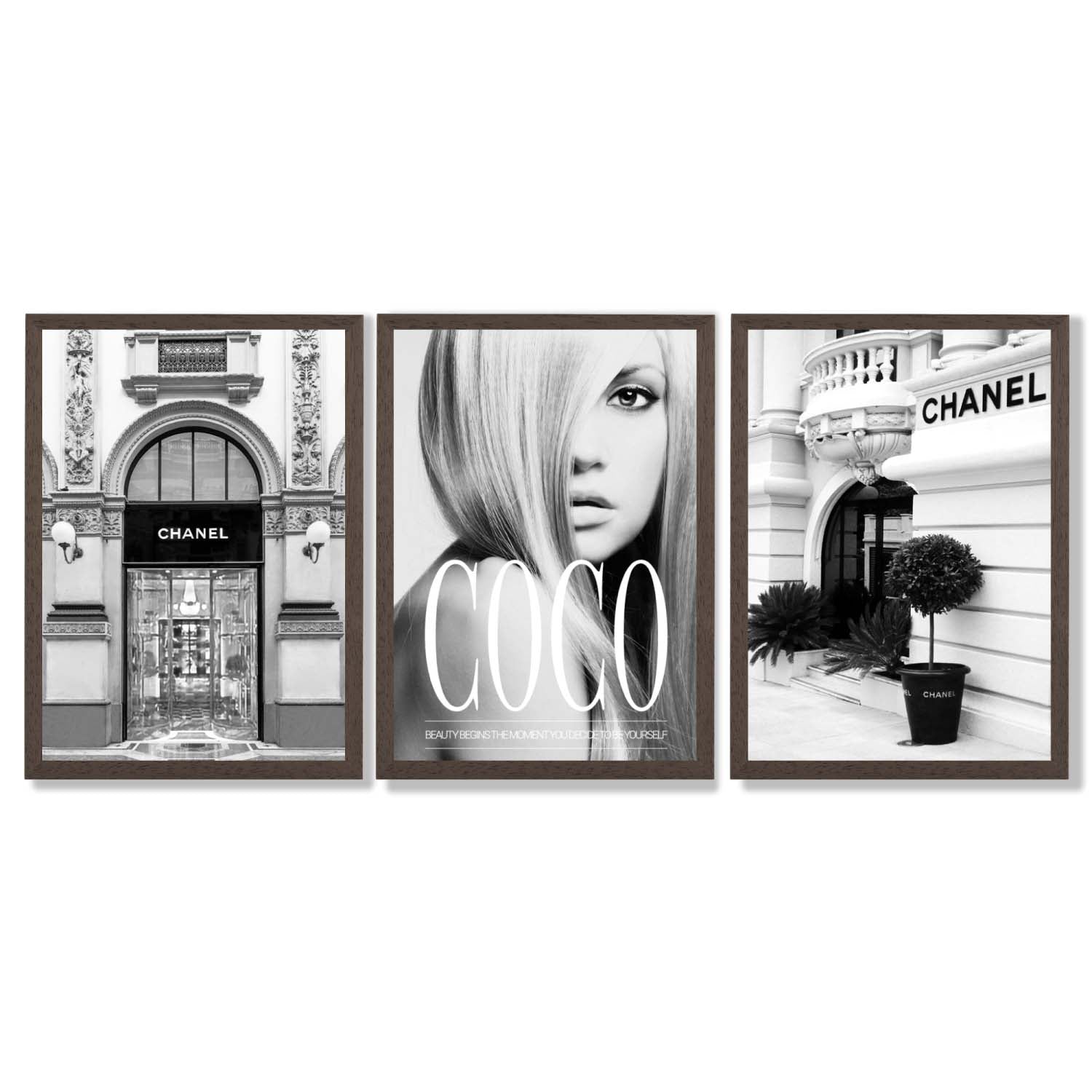 Set of 3 Fashion Iconic Framed Art Prints with Dark Wood Frames