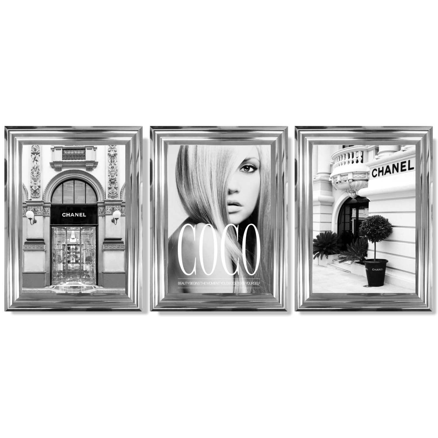 Set of 3 Fashion Iconic Framed Art Prints with Glossy Chrome Frames