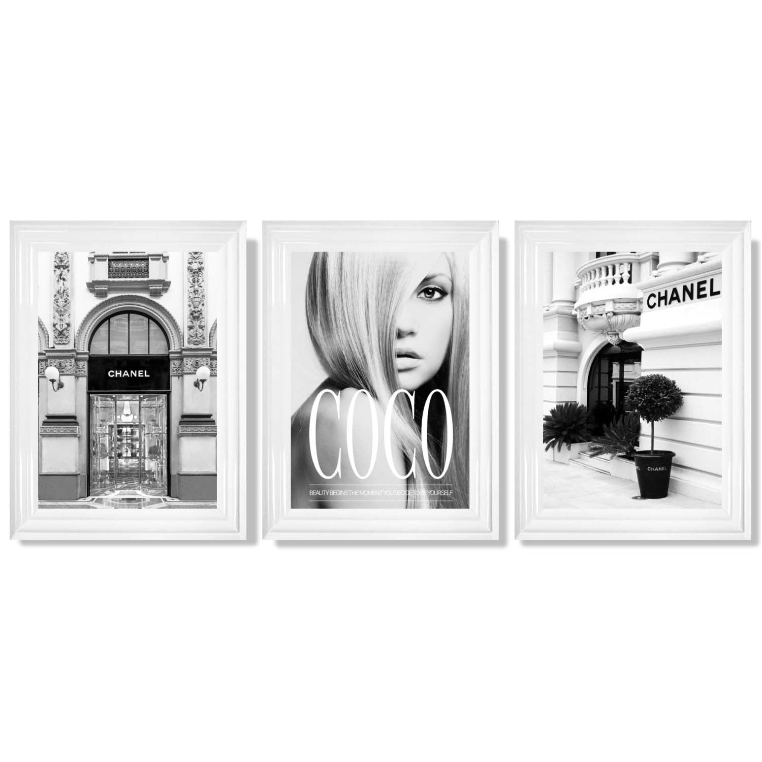 Set of 3 Fashion Iconic Framed Art Prints with Glossy White Frames