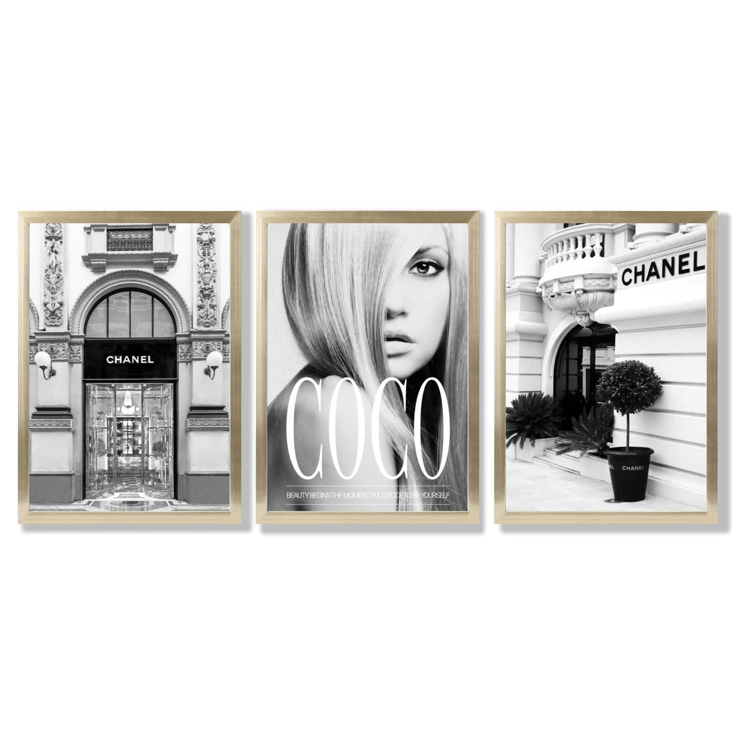 Set of 3 Fashion Iconic Framed Art Prints with Gold Wood Frames