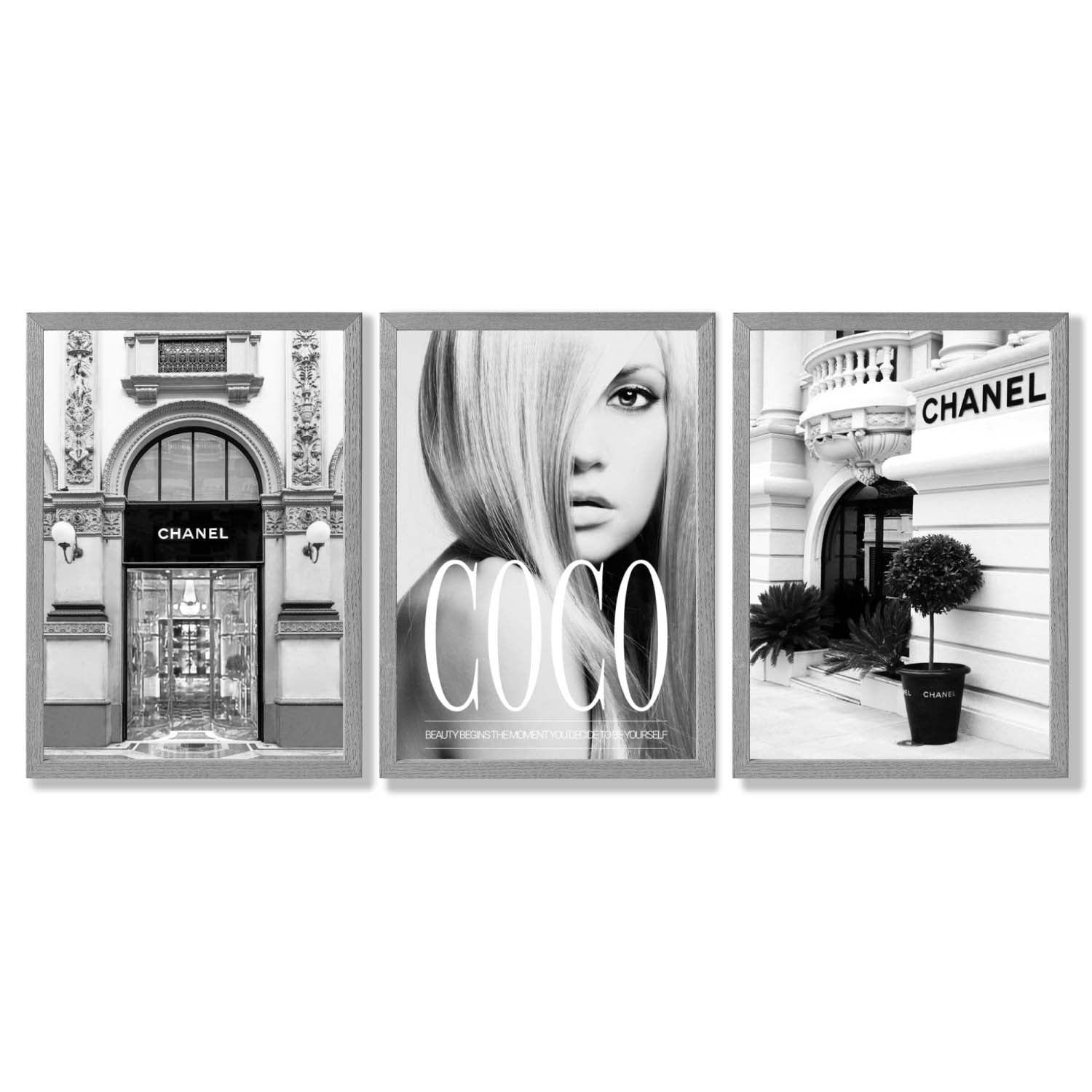 Set of 3 Fashion Iconic Framed Art Prints with Light Grey Wooden Frames