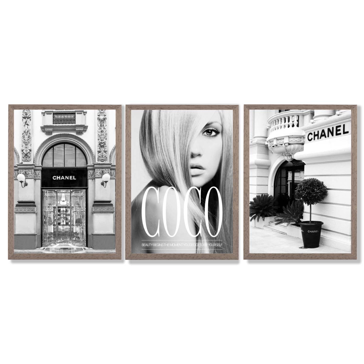 Set of 3 Fashion Iconic Framed Art Prints with Light Walnut Frames