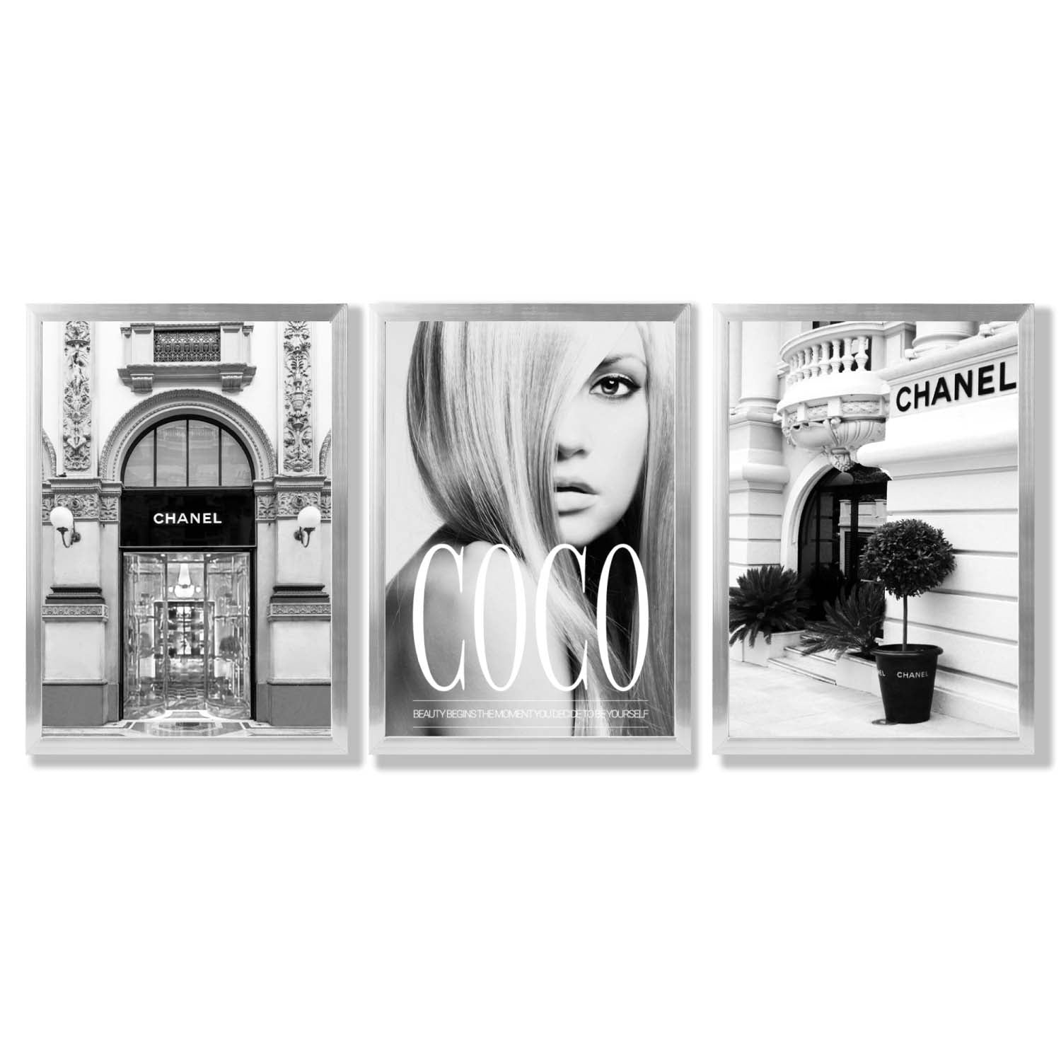 Set of 3 Fashion Iconic Framed Art Prints with Silver Wood Frames